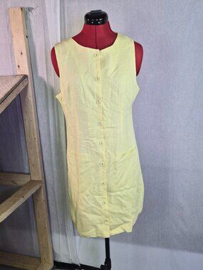 Paper Heart Linen Blend Dress Yellow Size Large Button Front Knee Length F946